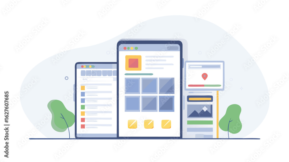 Poster illustration of three digital devices displaying different user interfaces and designs shown here