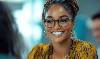 Inclusive happy smiling Black African American disabled lesbian female wheelchair-bound office worker collaborating with colleagues in a team-building activity. The scene emphasizes, Generative AI
