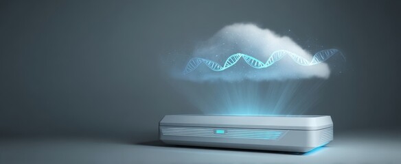The futuristic device displaying DNA in a cloud environment with digital technology.