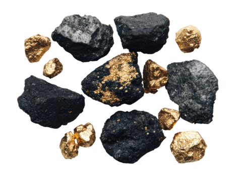 Scattered dark rocks and golden nuggets