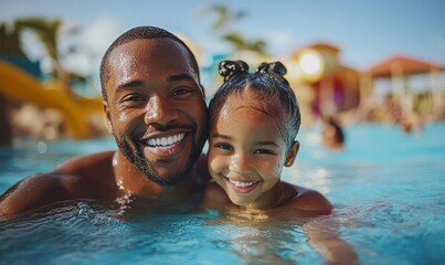 Happy Black father and daughter swimming at a waterpark during summer vacation. The image reflects joyful family moments and the importance of togetherness in a fun, active, Generative AI