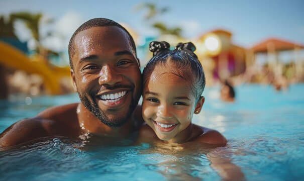 Happy Black father and daughter swimming at a waterpark during summer vacation. The image reflects joyful family moments and the importance of togetherness in a fun, active, Generative AI