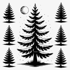 Obraz premium pine, tree, vector, illustration, nature, silhouette, conifer, forest, design, botanical, blackandwhite, evergreen, natureart, plant, outdoors, treeart, landscape, wood, decoration, seasonal, naturei