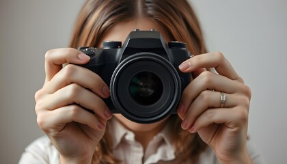 Close-up of woman holding a camera in front of her face