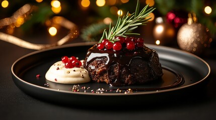 Rich chocolate dessert topped with fresh berries and a sprig of rosemary, served on a black plate, surrounded by festive holiday decorations and warm bokeh lights