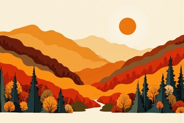 an illustration of a mountain landscape with trees and a river