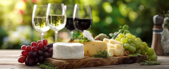 The vibrant cheese platter complemented by wine glasses in a lush outdoor setting.