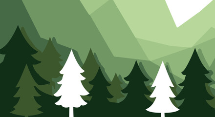 Obraz premium Forest of stylized fir trees against a polygonal landscape. Silhouette trees with a light cream interior, displayed on a muted green backdrop, showcasing a simple, yet impactful design.