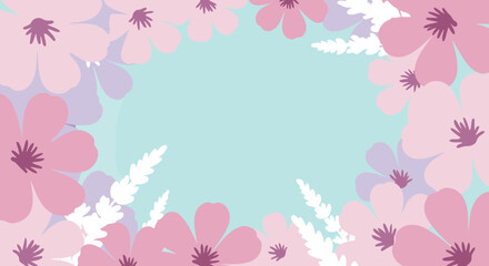 Pastel flower border design with muted pinks and lavenders. Abstract floral arrangement on a light teal background with lavender sprigs.