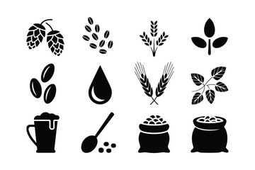 Black silhouettes of brewing ingredients and beverage hops coffee beans