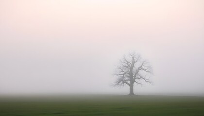 Lonely tree in a foggy field with soft pastel sky, minimalist landscape shot
