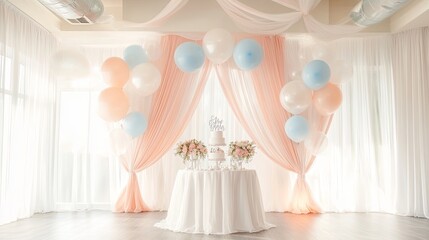 Light, airy birthday party setup with fabric drapings and floating balloons .