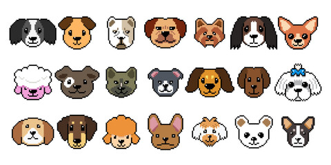 Obraz premium Pixel art different type of dog faces vector retro style