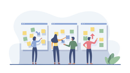 People collaborating with sticky notes on boards in a business planning meeting for project management