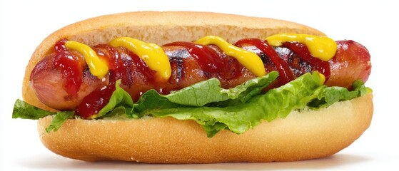 The delicious hotdog with classic condiments and fresh lettuce in a bun.