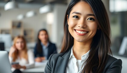 Obraz premium Close-up portrait of a smiling young businesswoman in a modern office environment, natural lighting highlighting her confident expression, with blurred coworkers in the background.
