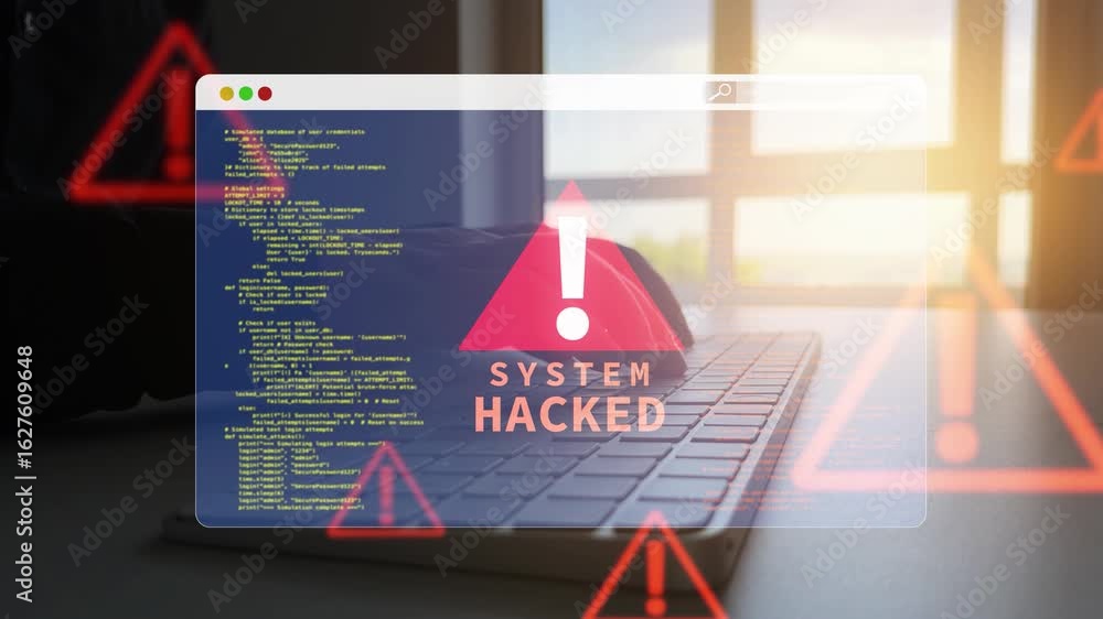 Poster system warning caution,malware attack,ransomware data breach.virus attack on firewall,scams phishing