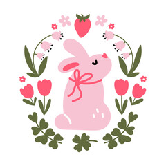 Cute pink rabbit with flowers