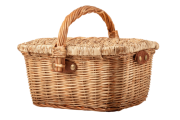 Light beige wicker picnic basket with handles