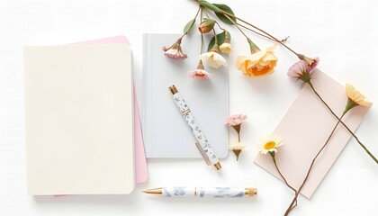 Flat lay of aesthetic stationery items: pastel notebooks, a marble pen, and pressed flowers on a white textured background, soft shadows for depth.
