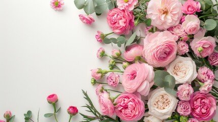 A beautiful flat lay a variety of pink flowers including ranunculus, roses, and carnations, arranged with eucalyptus leaves on a white background.