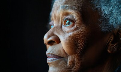 Close-up side profile image of a Black elderly woman suffering from loneliness due to dementia and Alzheimer's disease. The scene poignantly reflects the emotional toll degenerative, Generative AI