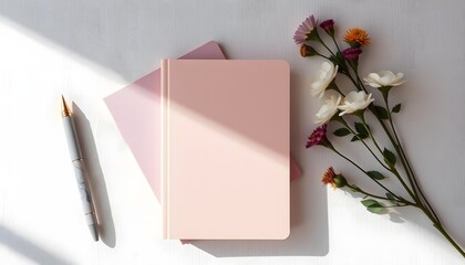 Flat lay of aesthetic stationery items: pastel notebooks, a marble pen, and pressed flowers on a white textured background, soft shadows for depth.
