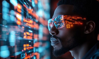 Artificial intelligence cybersecurity risks illustration concept, featuring a Black African American male IT specialist analysing data and privacy threats with augmented reality effects, Generative AI