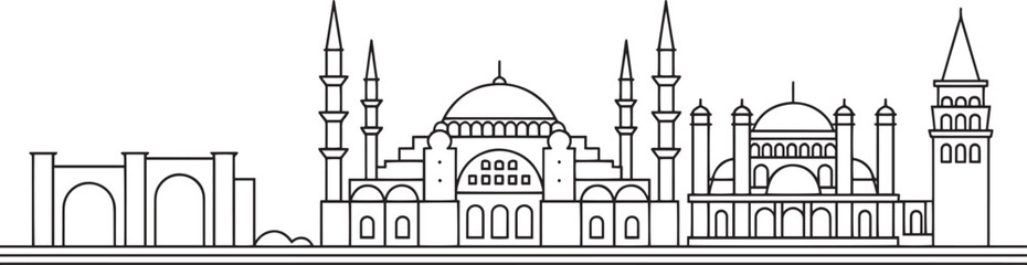 Cityscape Outline Vector Illustration Urban Skyline Silhouette with Mosques and Buildings