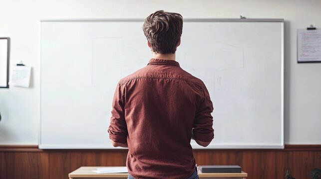 A teacher standing in front of a whiteboard, preparing to write the first lesson of the year .