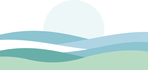 Obraz premium Abstract landscape of rolling hills with a pale sun, featuring muted pastel colors. Simple, serene scene with a peaceful atmosphere.