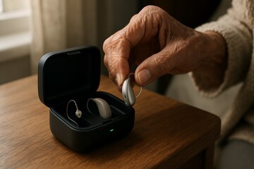 Close up of aged hands carefully placing a modern hearing aid into its case, representing the daily routine and care of hearing technology