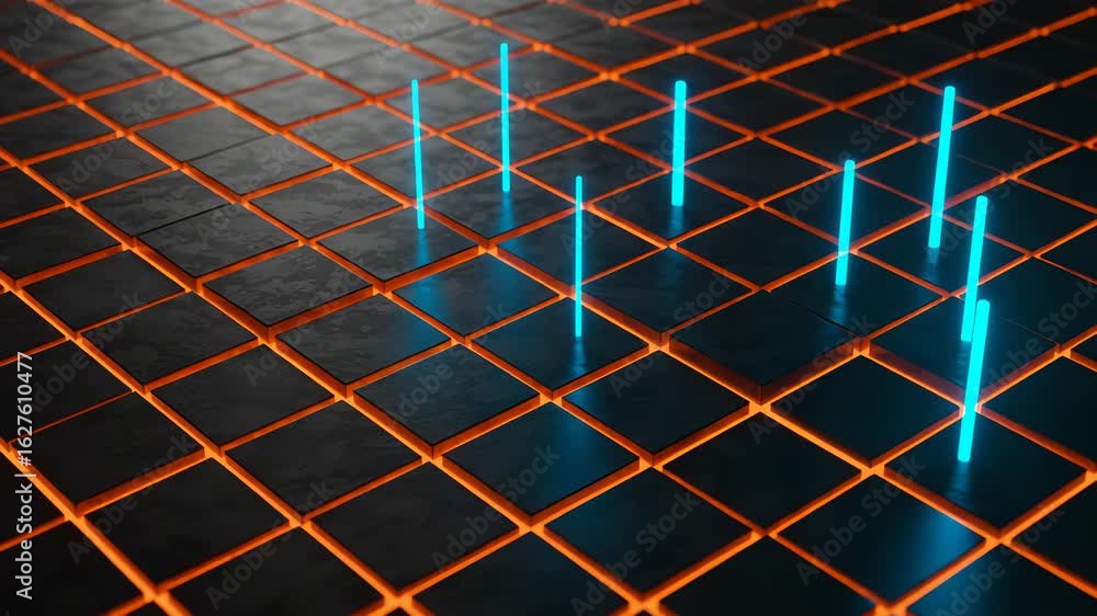 Poster abstract futuristic grid pattern with glowing blue light beams and orange lines on a dark background