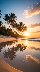 Serene sunset over a tropical beach, palm trees reflected in calm water