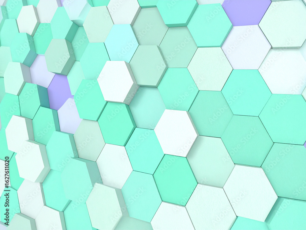 Poster a modern abstract background featuring a dynamic pattern of hexagonal tiles in a soft, pastel color 