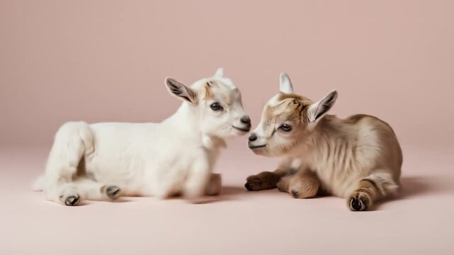 Gentle moments: Two baby goats resting and cuddling against a pastel pink backdrop, showcasing