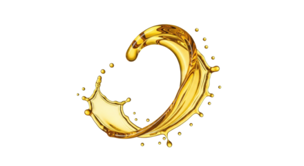 Golden-yellow liquid splash with fine droplets, glossy texture, captured in mid-air with macro photography against a transparent background, ample copy space, high-key studio lighting, no shadows.