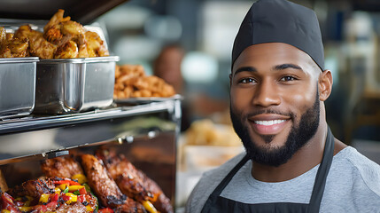 Chef smiling with grilled delicacies food stall portrait urban setting close-up culinary expertise