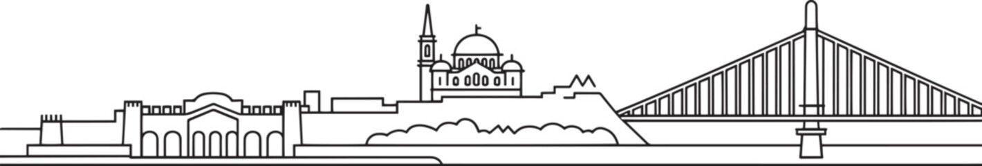 Detailed Belgrade Serbia Skyline Silhouette Vector Illustration with City Buildings Outline