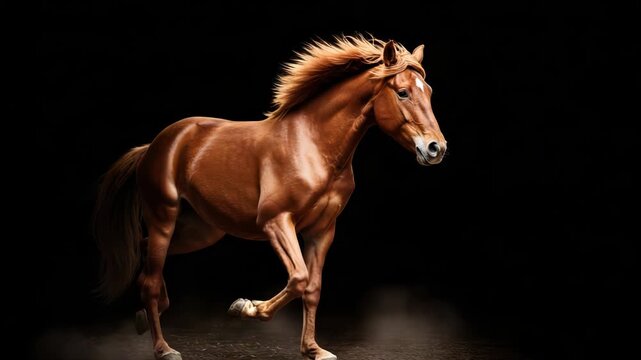 A majestic brown horse with a flowing mane captured in motion against a stark black background, showcasing its power and grace