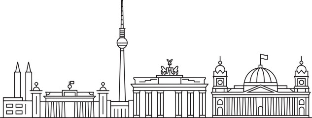 Obraz premium Detailed Berlin Cityscape Outline Vector Illustration of Famous Landmarks and Buildings Silhouette