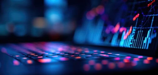 The laptop displaying vibrant financial data and analytics in a modern workspace.