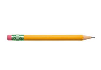 A classic, pristine yellow wooden pencil with a vibrant pink eraser, metallic ferrule, and green stripes, featuring a freshly sharpened graphite tip, lying horizontally on a transparent, seamless