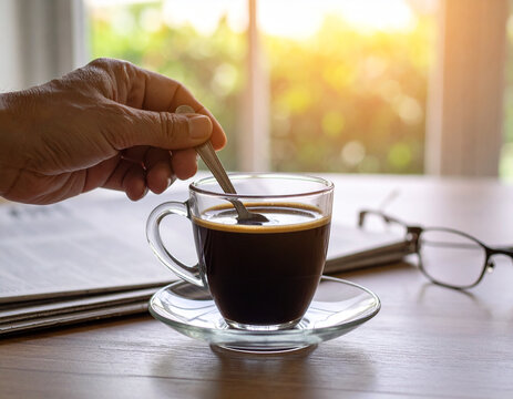 hand stirring black coffee in a glass cup with a spoon in the morning