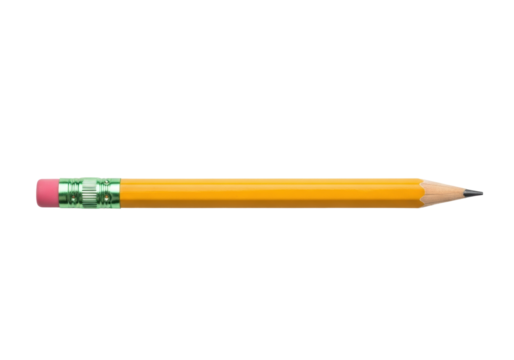 A classic, pristine yellow wooden pencil with a vibrant pink eraser, metallic ferrule, and green stripes, featuring a freshly sharpened graphite tip, lying horizontally on a transparent, seamless