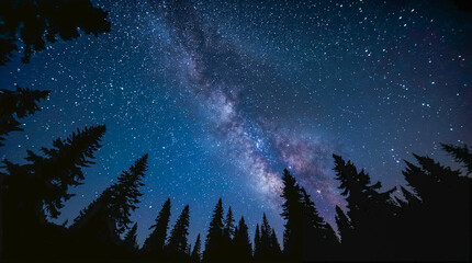 Naklejka premium The Milky Way stretches across a clear night sky, dotted with countless stars, framed by the silhouetted pine trees of a forest.