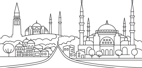 Fototapeta premium Detailed Istanbul Skyline Outline Vector Illustration Depicting Turkish Cityscape with Landmarks