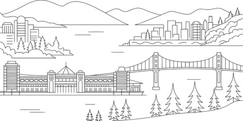 Obraz premium Detailed Line Art of a Cityscape with Mountains, Buildings, and a Bridge on a Transparent Backdrop