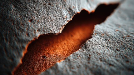 Close-up of a long, thin tear in a textured surface, revealing an orange underlayer
