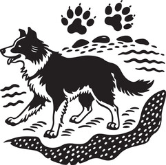 Vector illustration of a black and white dog silhouette, a pet canine, with a striking predator-like quality